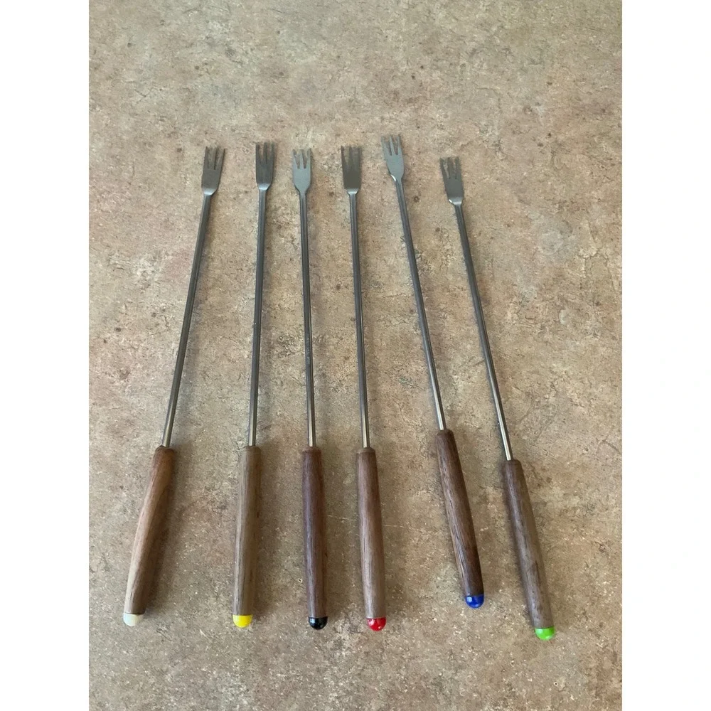 Vintage Fondue Forks Set 6 Stainless Steel Japan Teak Wood Handles Multi Color